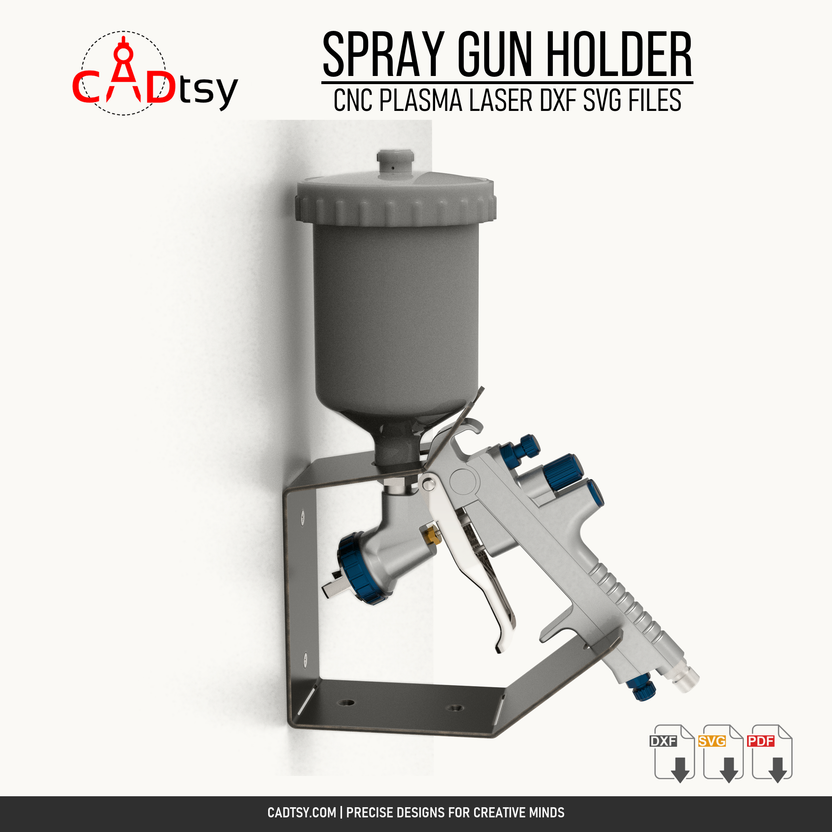 Alternate side view of the wall-mounted spray gun holder with an HVLP paint gun