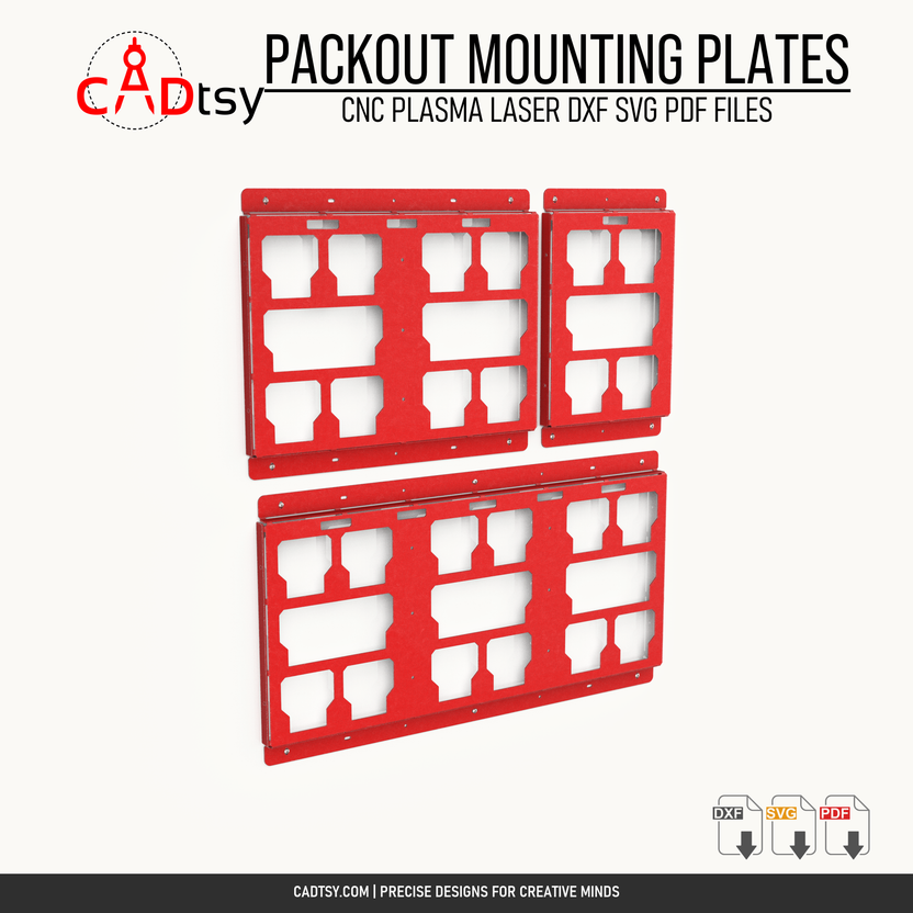 Three red Milwaukee PACKOUT-compatible mounting plate sizes shown together