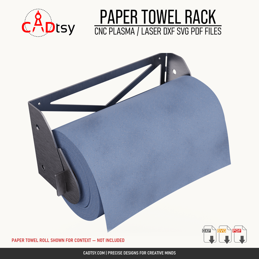 Opposite angled view of the metal paper towel rack holding a blue roll shown for context