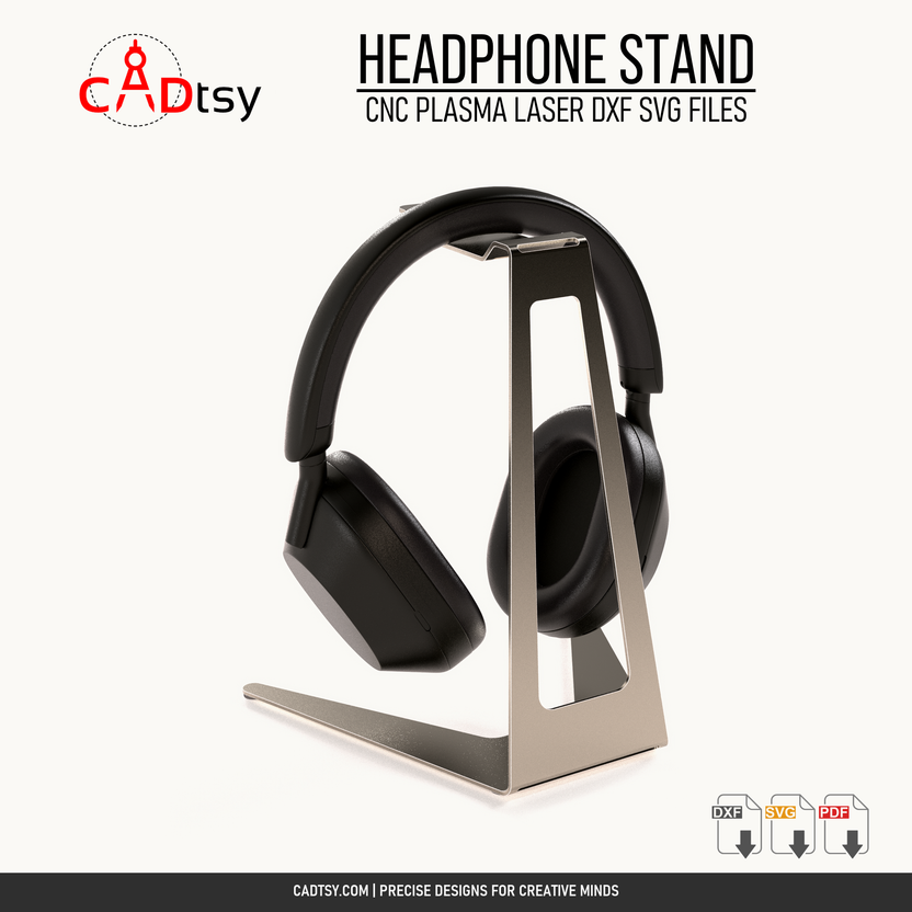 R2 formed metal headphone stand holding over-ear headphones