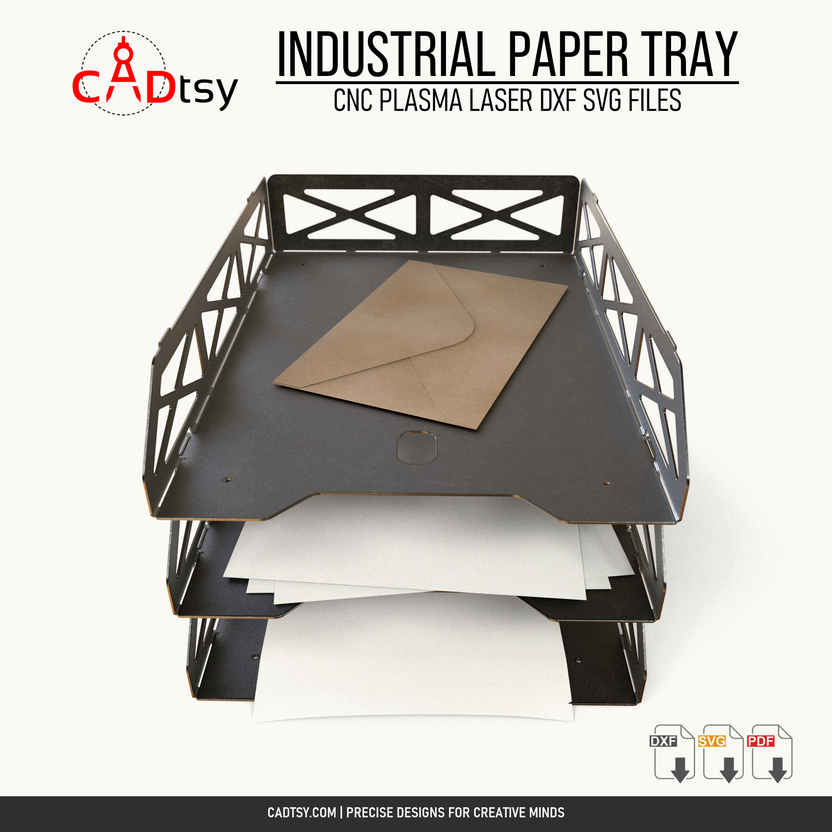 Front view of three stackable industrial metal paper trays