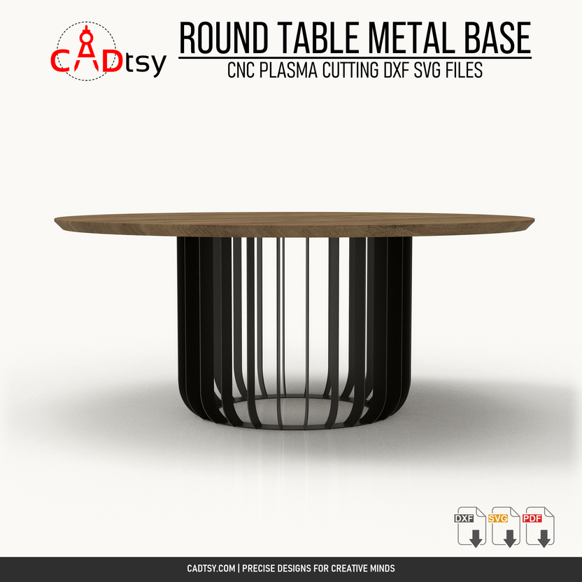 Side view of the round D900 metal table base with a wood tabletop