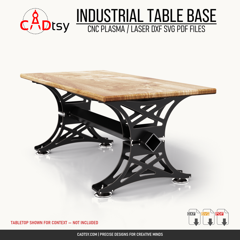 Industrial steel table base from an alternate perspective with tabletop shown for context