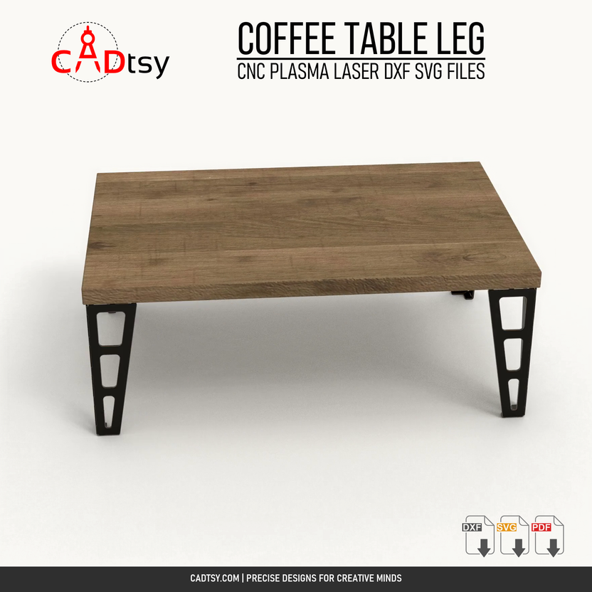 Front view of a coffee table fitted with three-slot metal legs