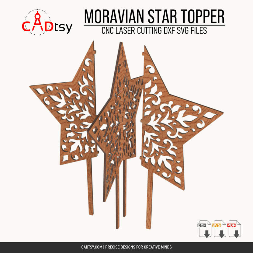 Assembled wooden Moravian star tree topper shown in perspective