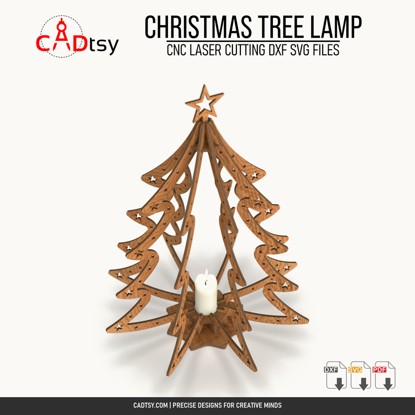 Angled view of the assembled slot-fit wooden Christmas tree lamp