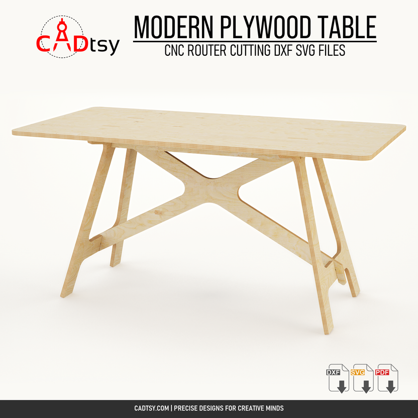 Angled view of the modern plywood table and interlocking base