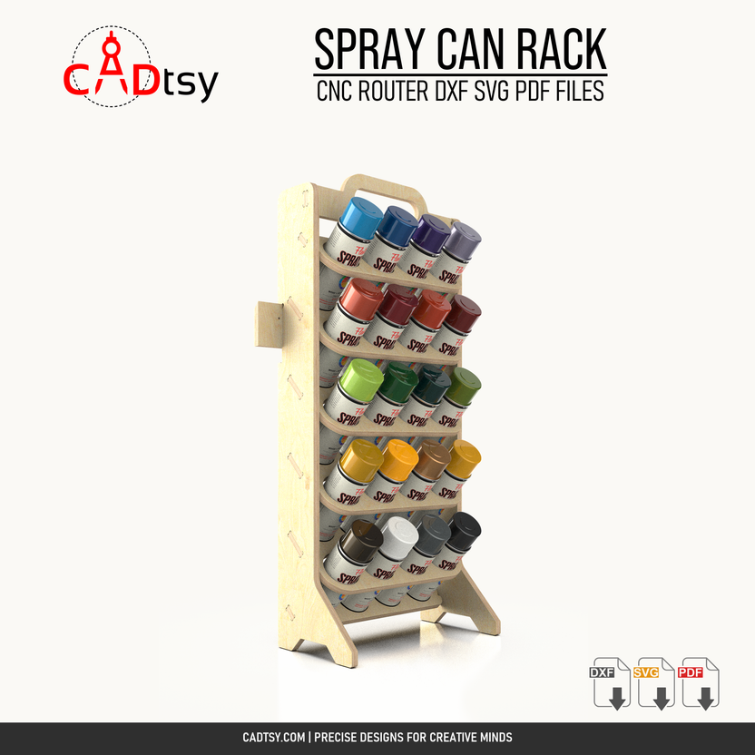 Mobile plywood spray can rack with handle and feet holding twenty cans