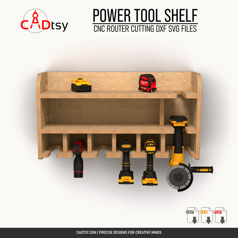 Front view of the power tool shelf loaded with cordless tools and chargers