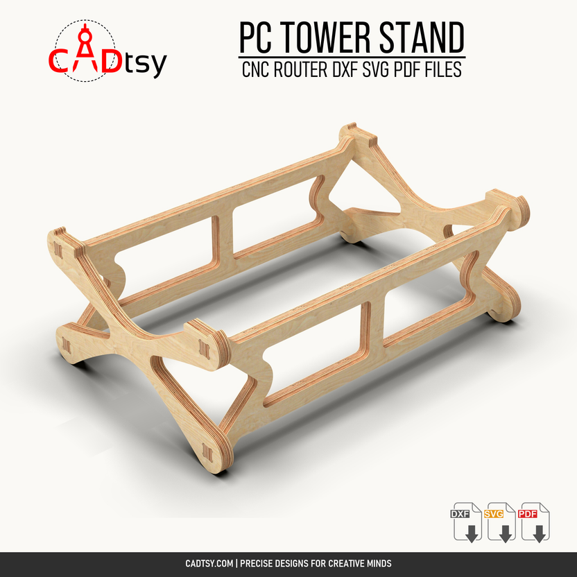 Plywood PC tower stand shown from an alternate front perspective