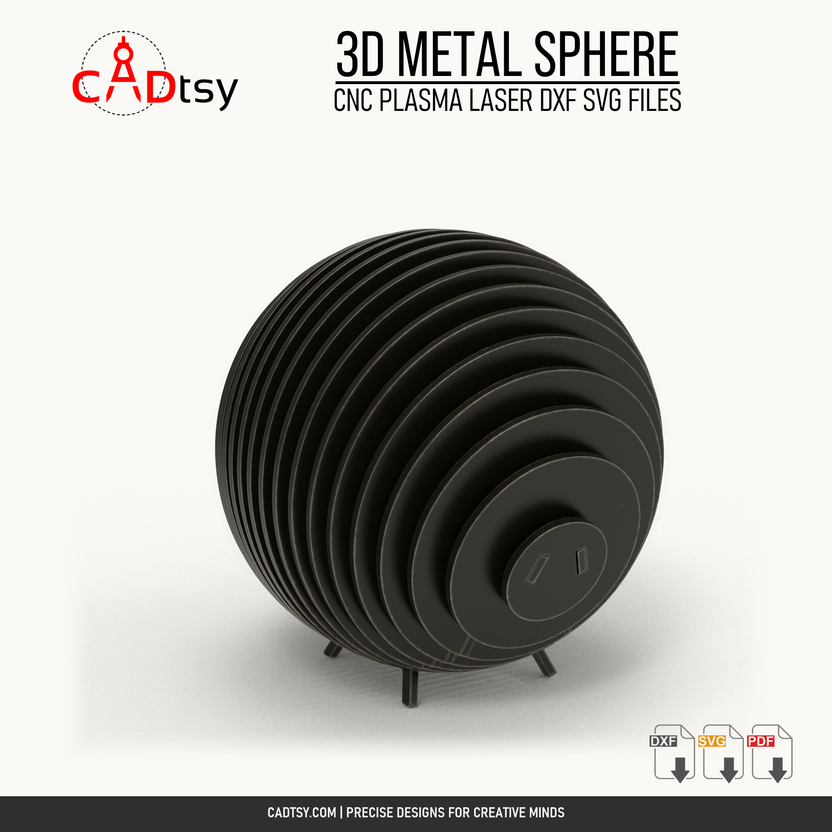 Alternate assembled view of the freestanding ribbed metal sphere sculpture