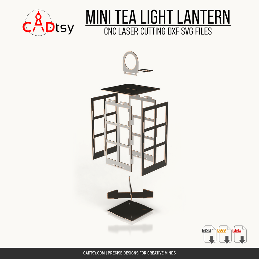 Exploded assembly view of the CNC-cut mini tea light lantern parts