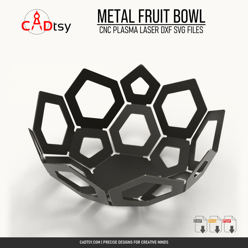 Empty metal fruit basket showing hexagon cutouts and formed panels