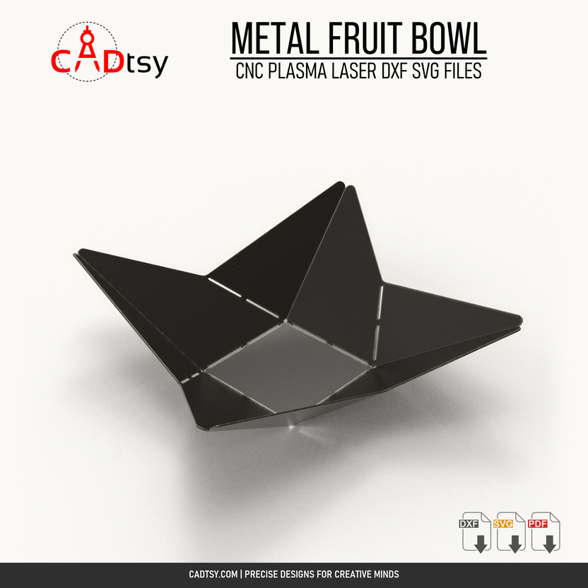 Empty origami-style metal fruit bowl showing folded panels and bend slots