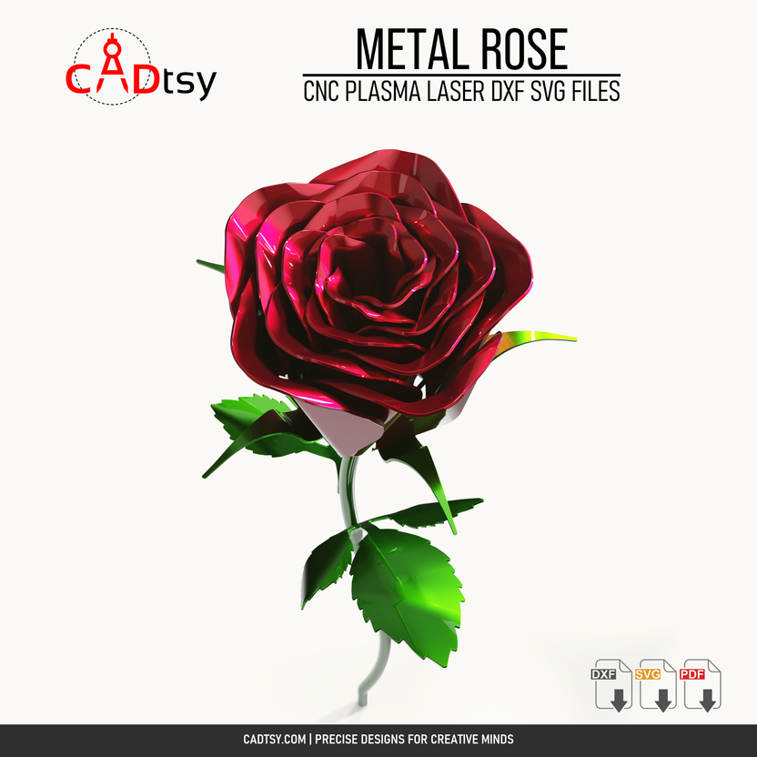 Close view of the red metal rose head, stem, and formed leaves