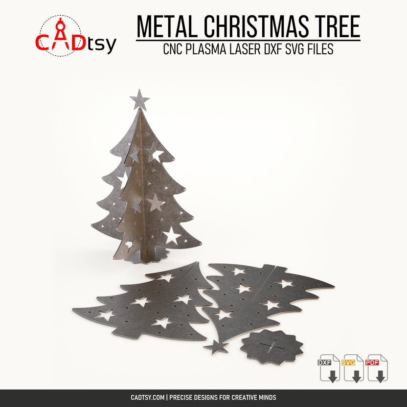 Assembled metal Christmas tree shown with its CNC-cut flat components