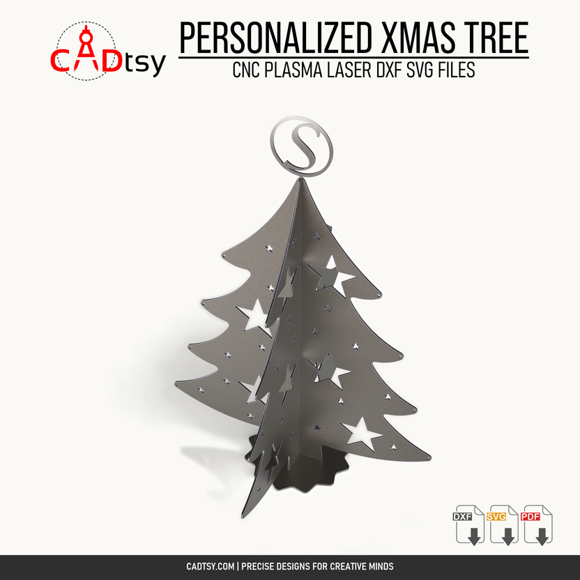 Three-quarter view of the assembled personalized metal Christmas tree