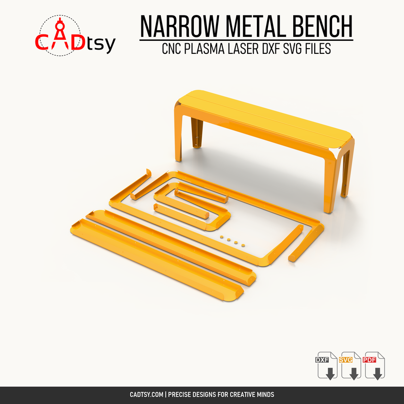 Assembled narrow metal bench with its CNC-cut flat component layout