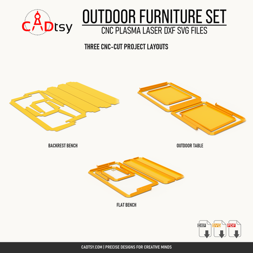 Flat CNC-cut component layouts for the outdoor table, flat bench, and backrest bench