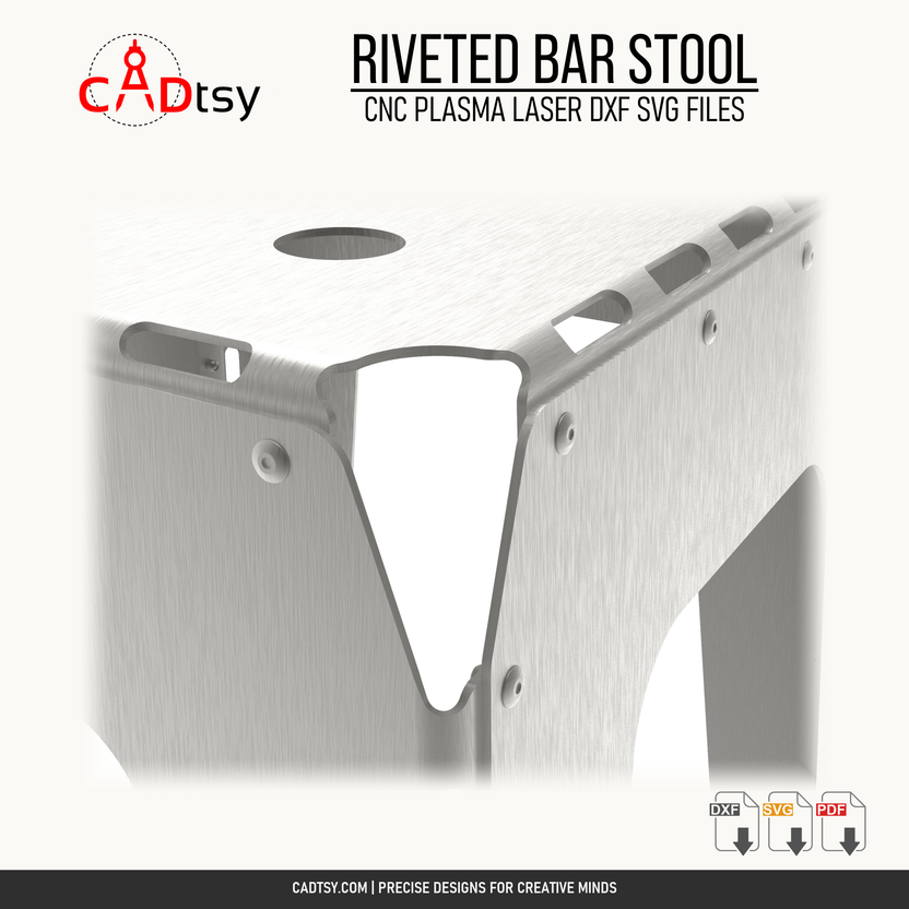 Close-up of rivet holes and slot-assisted bends at the bar stool top corner
