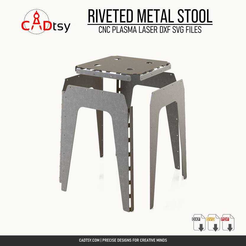 Exploded assembly view of the riveted metal stool panels and top