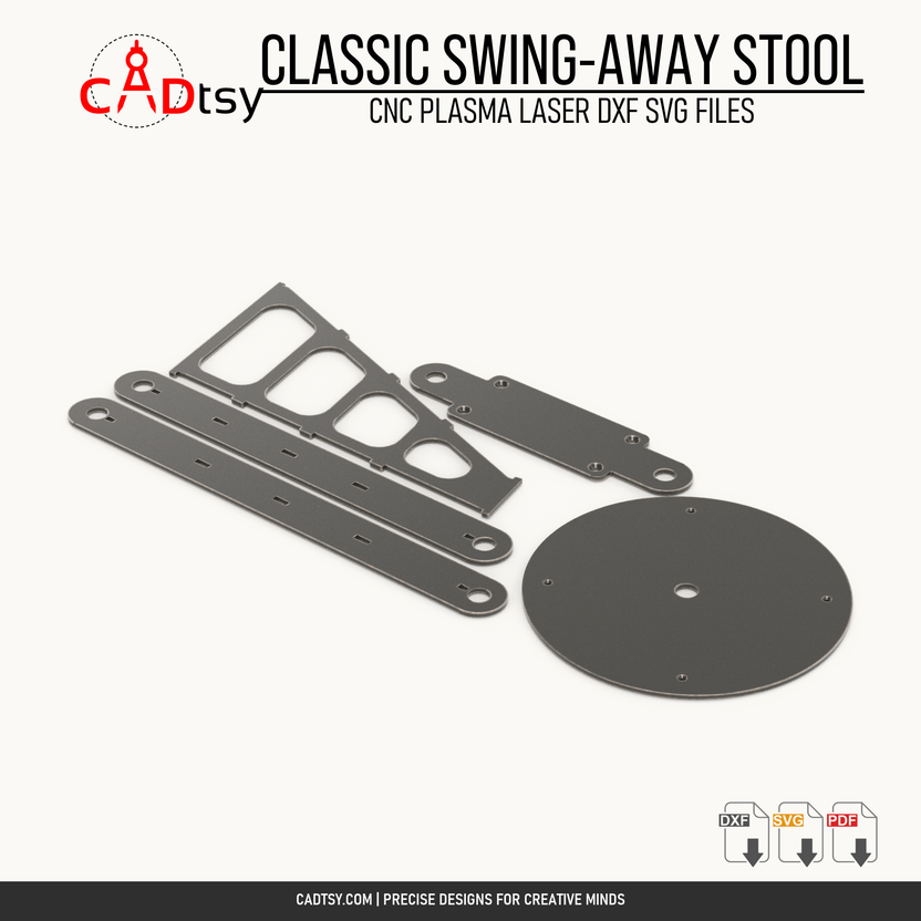 CNC-cut flat component layout for the classic solid-arm swing-away stool