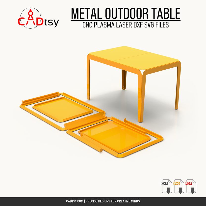 Assembled metal outdoor table with its CNC-cut flat component layout