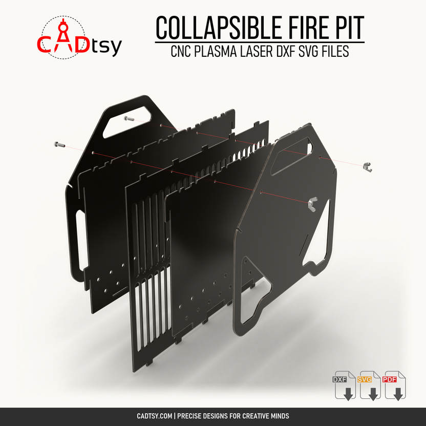 Exploded assembly view of the collapsible fire pit panels and removable grate