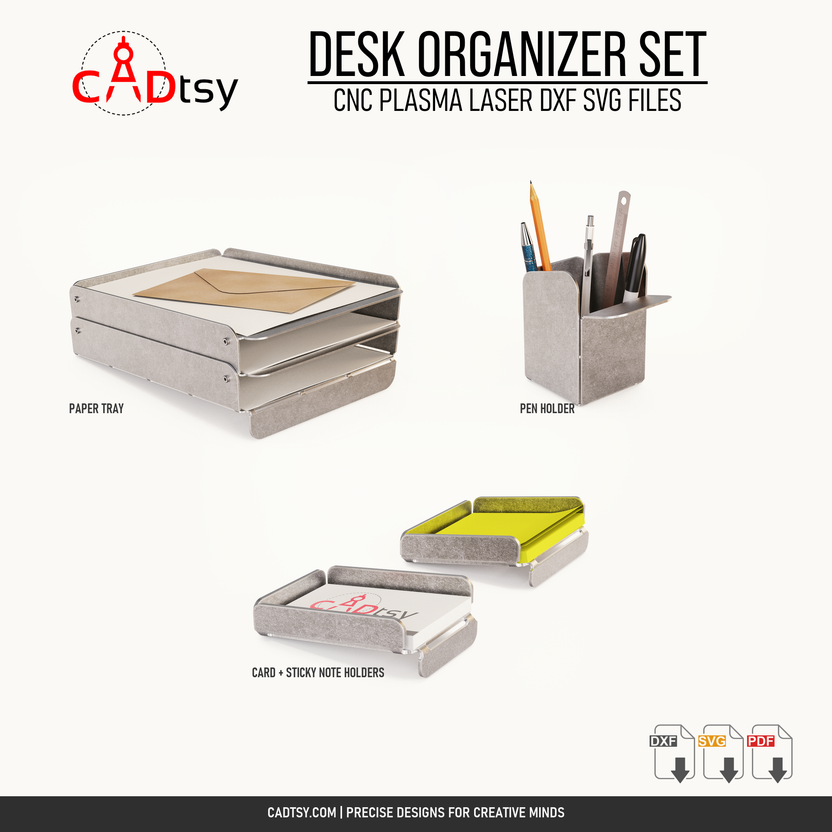 Paper tray, pen holder, business card holder, and sticky note holder included in the set