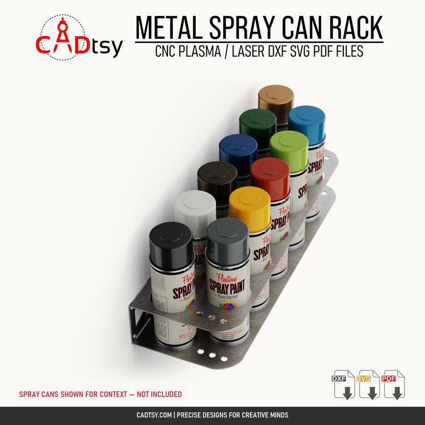 Long angled view of the metal spray can rack with cans shown for context