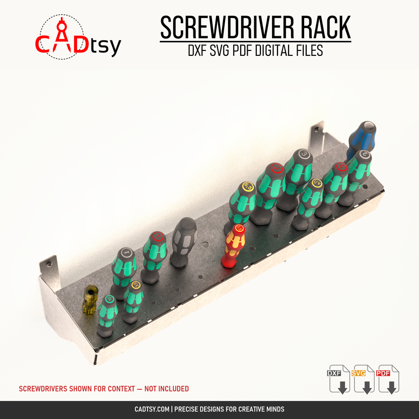 Top angled view of the metal wall rack holding assorted screwdrivers; screwdrivers not included