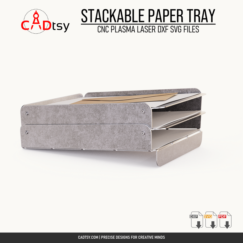 Side view showing the stacked metal paper trays and document access