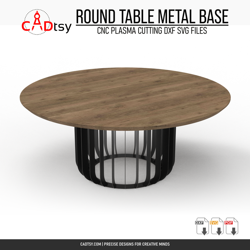 Angled view of finished round radial metal table base with a tabletop