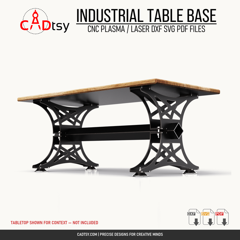 Front view of the industrial steel table base with tabletop shown for context