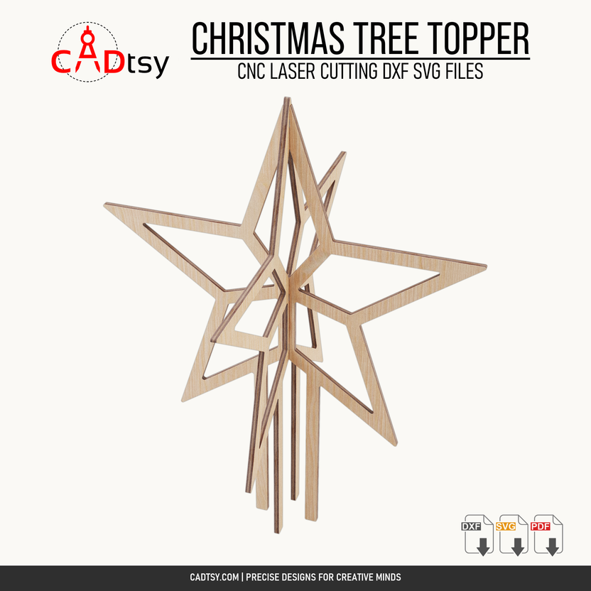 Angled view showing the layered construction of the wooden star topper