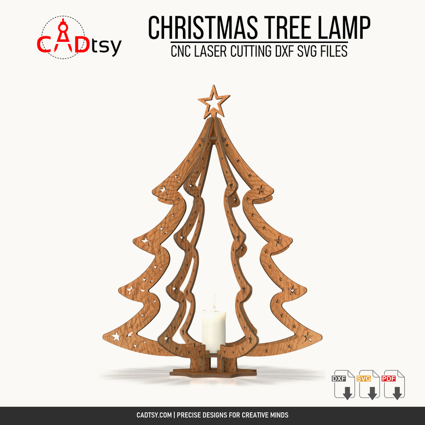 Front view of the assembled wooden Christmas tree lamp and LED tealight