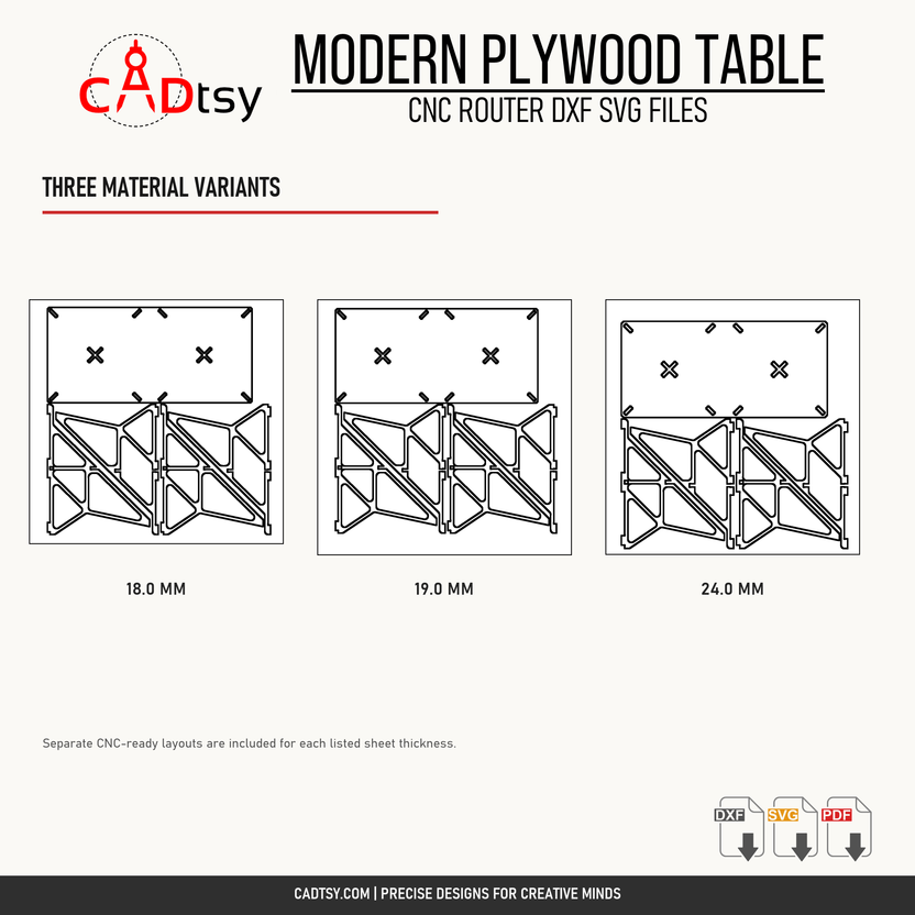 CNC cut layouts for 18, 19, and 24 millimeter plywood