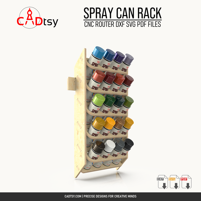 Wall-mounted plywood spray can rack with French cleat holding twenty cans