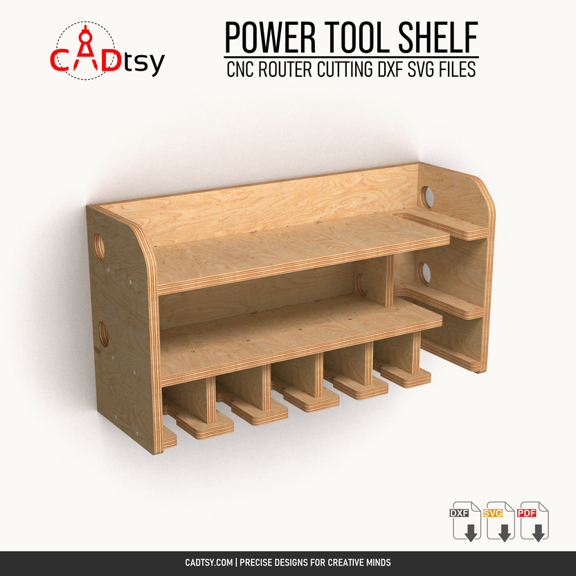 Empty plywood power tool shelf showing the six lower tool bays and upper shelves