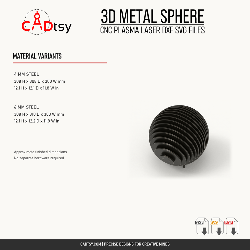 Finished dimensions for the 4 millimeter and 6 millimeter metal sphere sculpture variants