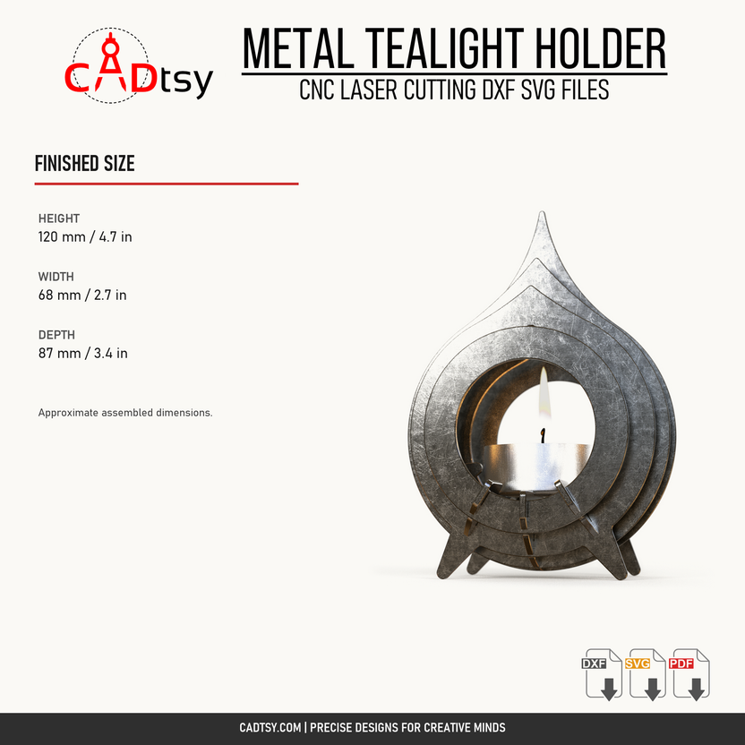 Metal tealight holder finished height, width, and depth dimensions