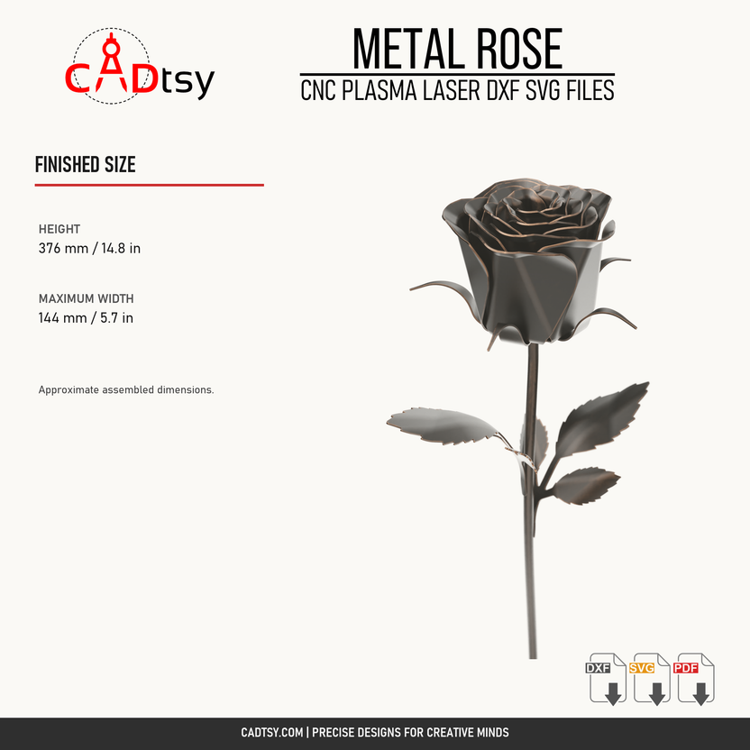 Verified finished dimensions of the assembled metal rose