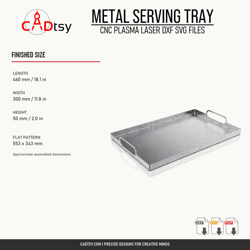 Finished and flat-pattern dimensions for the metal serving tray