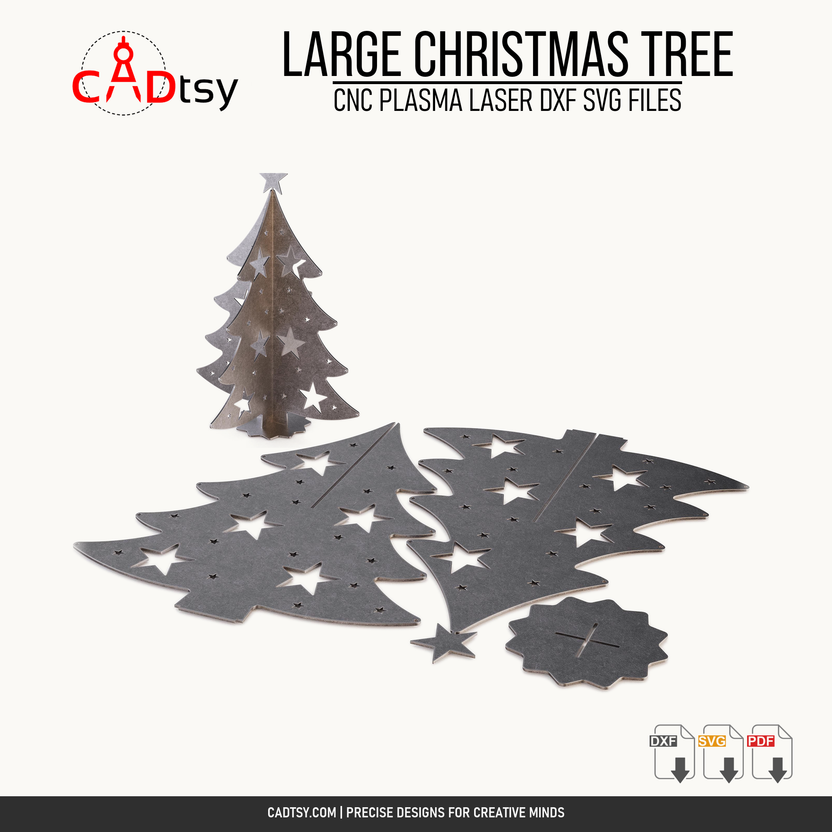 Assembled Christmas tree shown with its interlocking CNC-cut parts