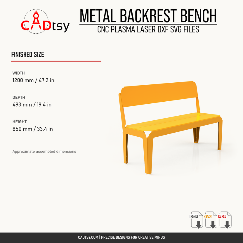 Nominal finished dimensions for the 1200 millimeter metal backrest bench