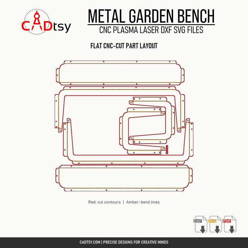 Verified flat CNC-cut part layout for the 1400 millimeter metal bench