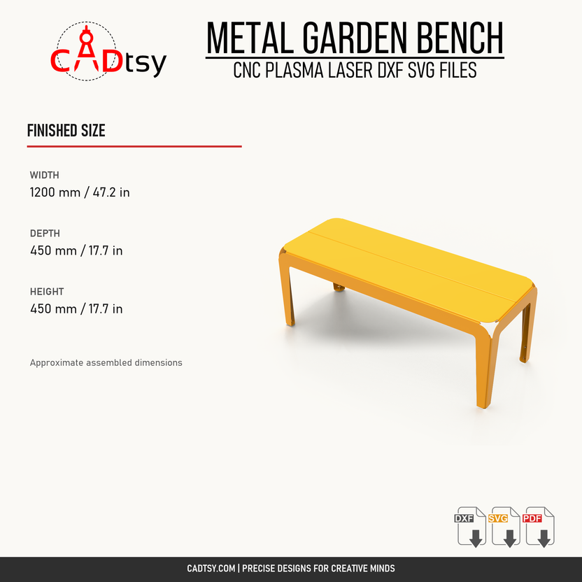 Finished dimensions for the 1200 millimeter flat metal bench