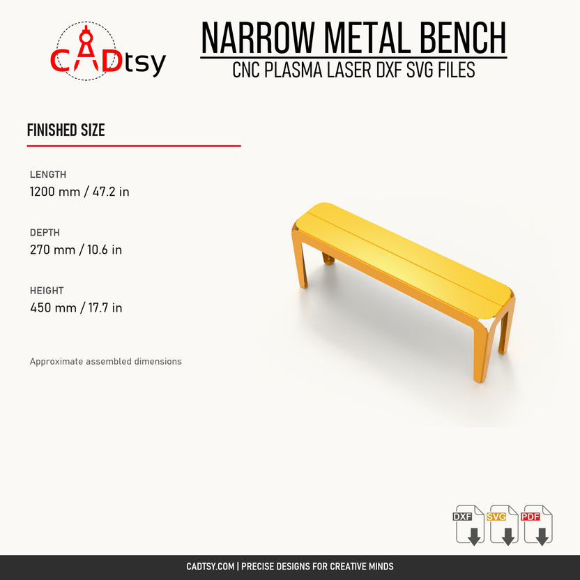 Verified finished dimensions for the 1200 millimeter narrow metal bench