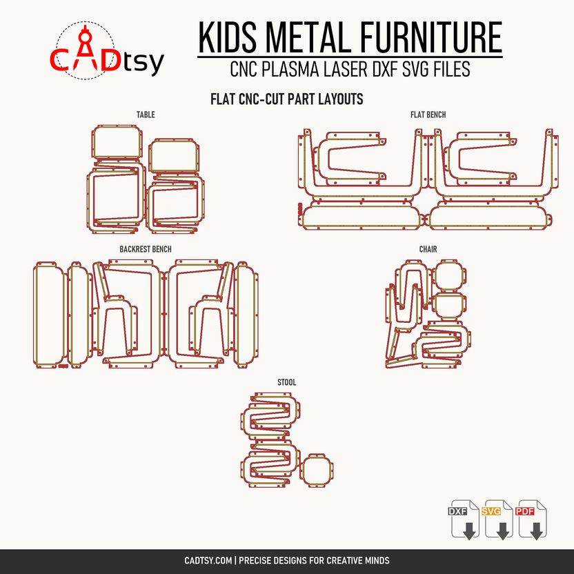 Five verified flat CNC-cut part layouts for the kids furniture set