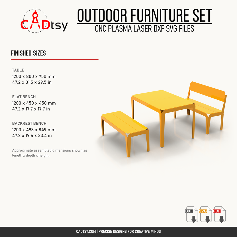 Verified finished dimensions for all three outdoor metal furniture projects